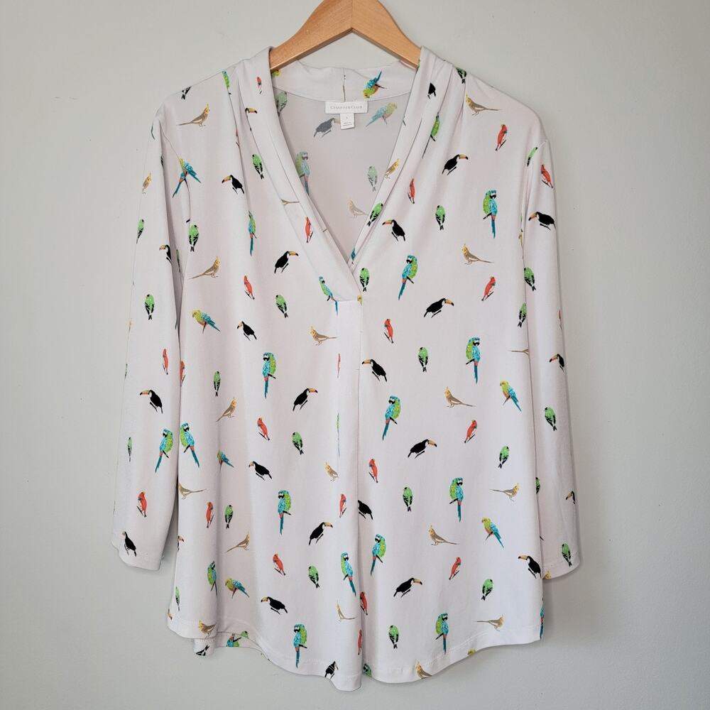 Charter Club Bird Parrot White Top Stretch Tropical Cockatiel Macaw Toucan Sz L
